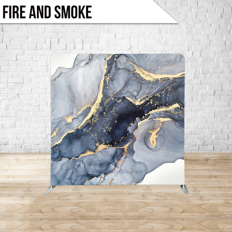 Photo booth backdrop that is a Fire and smoke gold blue white marble