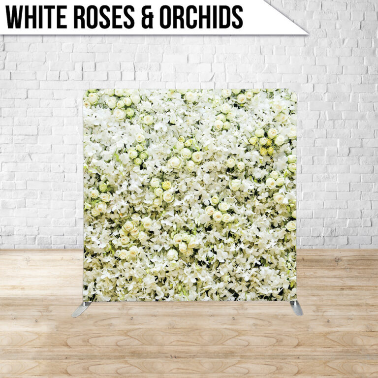 Photo booth backdrop that is a White Roses And Orchids flower pattern florals